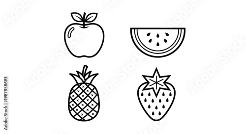 Four simple illustrated fruits: apple, watermelon, pineapple, and strawberry