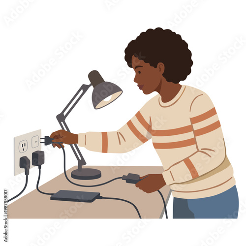 A woman plugging a cord into a desk lamp near an outlet