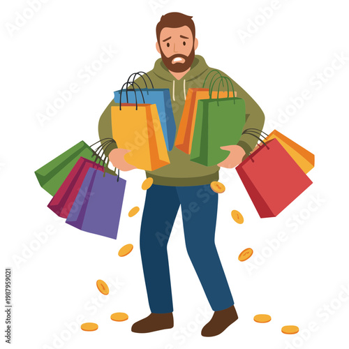 Man overwhelmed with colorful shopping bags while coins fall around him