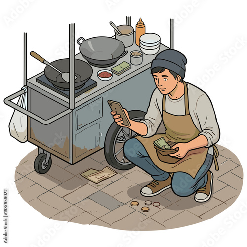 Man in apron sits beside food cart examining phone with coins and bowl nearby on sidewalk