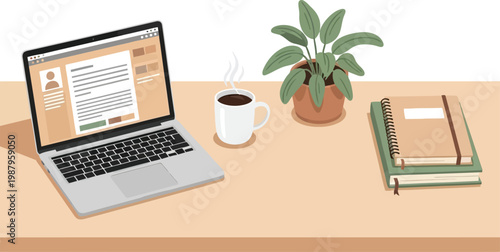 A cozy workspace featuring a laptop coffee books and a potted plant on a desk