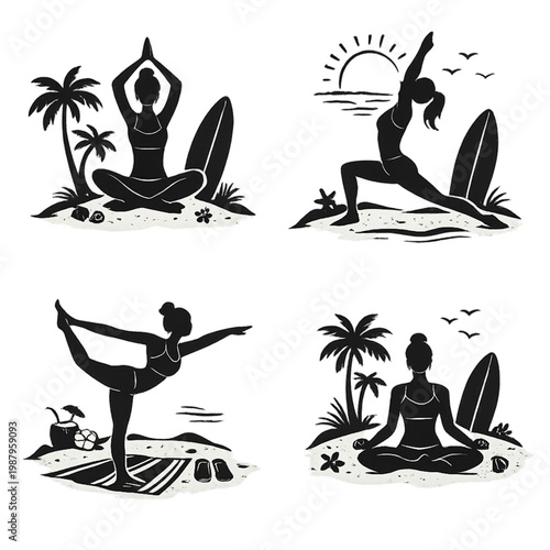 Beach yoga with tropical vibes, beach yoga, tropical vibes, yoga on the beach, ocean sunrise yoga, sunset yoga session, tropical beach scene, calm and relaxation, mindfulness practice, meditation by t