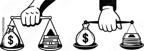 Vector illustration comparing money and knowledge on scales concept of investment comparison investment knowledge education business learning