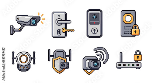 Pixel Art Security Icons Set, Cyber Security and Home Safety Elements, Surveillance Camera, Antivirus, Firewall and Smart Lock Vector Illustration