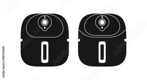 A minimalistic black and white illustration displays two identical robotic vacuum cleaners side by side