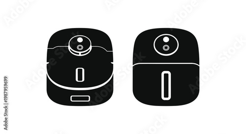 A minimalist black and white illustration showcases two robotic vacuum cleaners side by side in a clean design