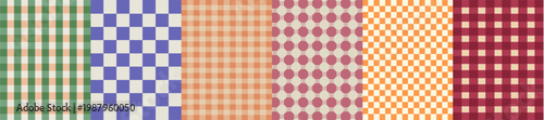 Vintage pattern background set, gingham checks and polka dots in warm retro colors