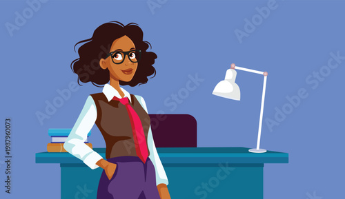 Businesswoman in Front of the Office Vector Illustration. Female CEO of African ethnicity standing in front for her desk 
