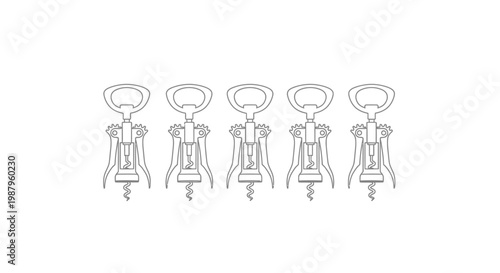 A minimalist line drawing showcases five identical corkscrews arranged in a neat horizontal row