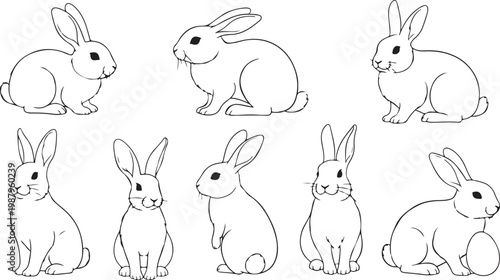 Rabbit icons, cute bunny illustrations, line art set, 8 vector drawings