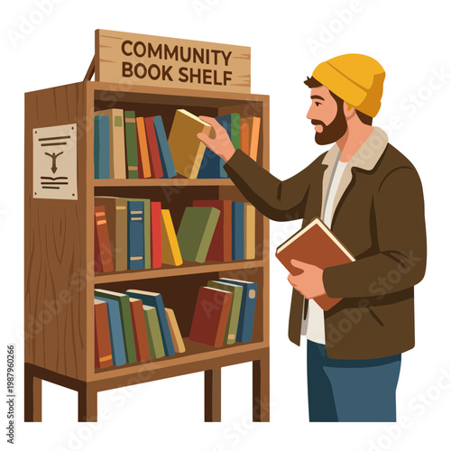 Man browsing books on community shelf in public library