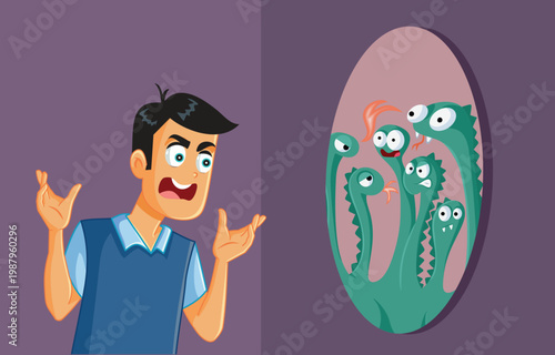 
Angry Man Looks in the Mirror and Sees a Dragon. Guy feeling furious having a choleric style and mean personality