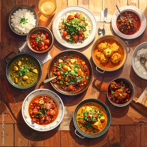 A warmly lit wooden table laden with a variety of colorful, steaming dishes