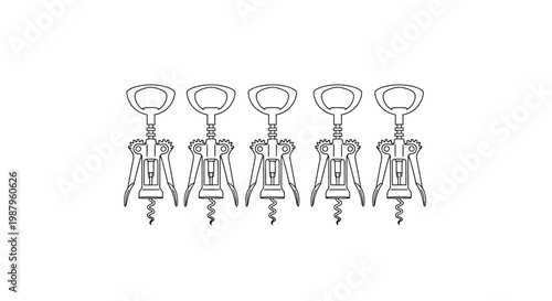 A linear arrangement of five identical black and white line art illustrations of wine corkscrews