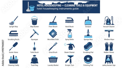 Hotel Housekeeping Cleaning Tools and Equipment Instruments Guide Icon Set