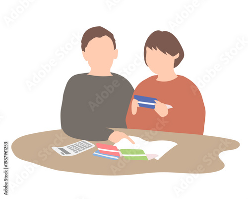 家計や教育費について話し合う夫婦／通帳・生活費・家庭・お金の相談