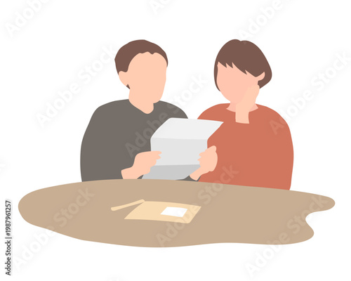 子育て世帯の手続き書類を確認する夫婦／申請・役所・学校・家庭