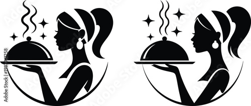 Silhouette of a woman serving a covered dish with steam and sparkles fine dining restaurant waitress hospitality elegance surprise presentation