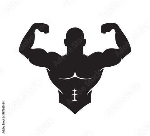 Powerful silhouette of a muscular bodybuilder flexing biceps and back muscles, symbolizing peak physical strength, dedication, and a sculpted physique
