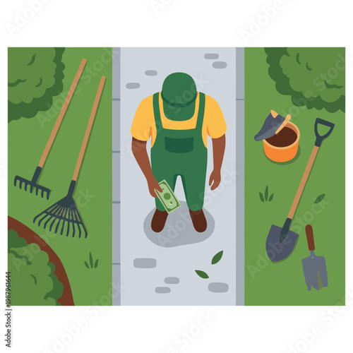 Man in green overalls standing on pathway with gardening tools