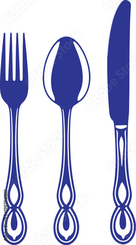 Elegant blue fork spoon knife cutlery set vector illustration with dinnerware tableware restaurant collection decorative metallic illustration