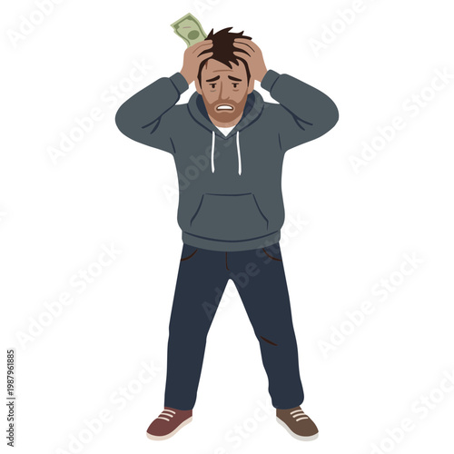 A frustrated man holds his head with money in his hand standing alone.