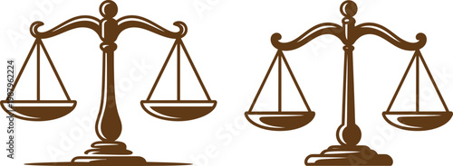 Set of two vintage style scales of justice vector illustrations representing law legal balance and court fairness with attorney equilibrium equality