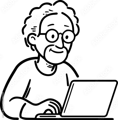 Hand Drawn Elderly Man Using Laptop Black and White Illustration in Minimal Line Art Style Design