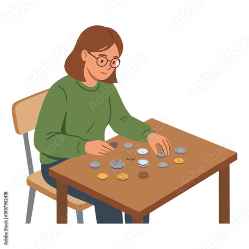A woman sits at a table counting coins on a wooden surface