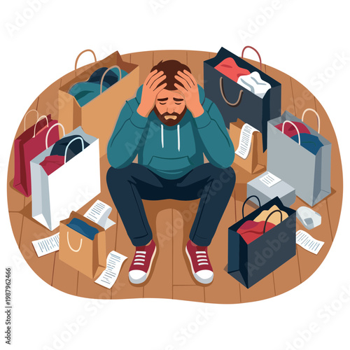 A man overwhelmed by numerous shopping bags and receipts on a wooden floor