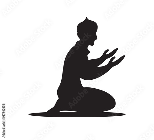 A deeply spiritual silhouette depicts a person in fervent prayer, kneeling with hands open in humble supplication, embodying devotion, quiet contemplation, and unwavering faith