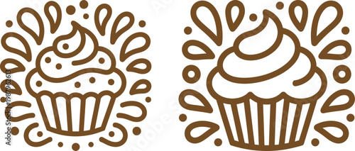 Pair of stylized cupcake vector icons with swirl frosting and decorative sprinkle accents for bakery branding frosting sprinkle confection