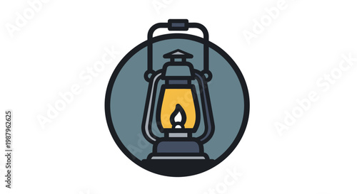 Classic Camping Lantern Icon with Lit Flame. Retro Kerosene Lamp Illustration for Adventure, Exploration, and Outdoor Themes.