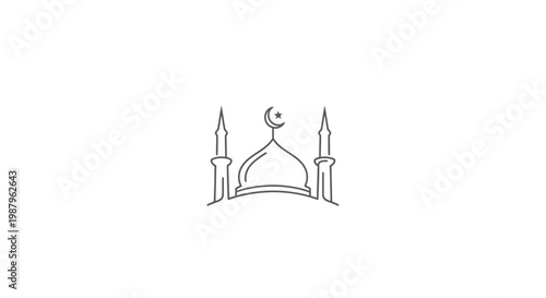 Continuous line drawing of a mosque with a dome and minarets, featuring a crescent moon and star. Minimalist Islamic religious architecture icon.