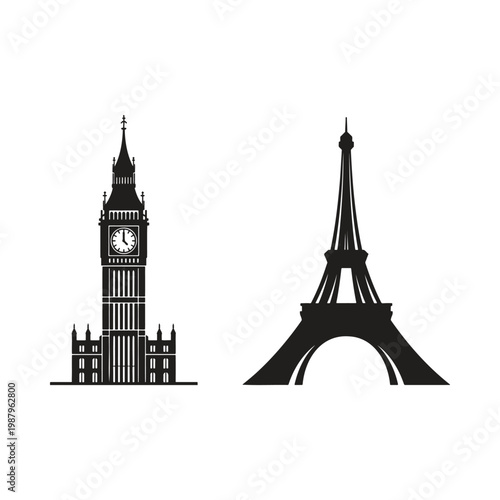 Silhouette icons of eiffel tower and big ben clock tower landmark buildings with landmark silhouette building architecture contrast monument