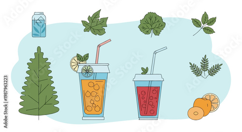 Vector illustration set featuring icons of refreshing fruit beverages in plastic cups with straws, alongside botanical elements like an evergreen tree, diverse leaves, and sliced fruit.
