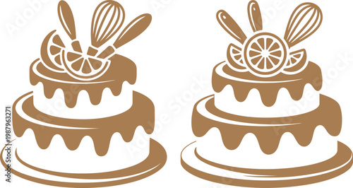 Two-tiered bakery cake with citrus topping and kitchen baking tools whisk and spatula vector illustration celebration birthday frosting culinary