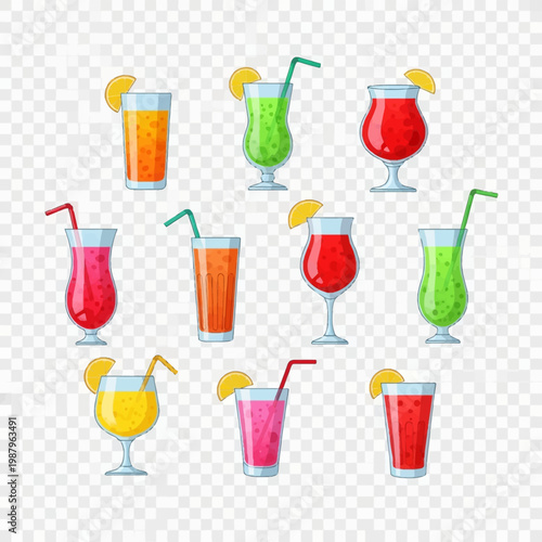 Set of ten colorful vector cocktail and fruit juice illustrations in various glass shapes, featuring orange, green, red, and pink beverages with straws and citrus garnishes.