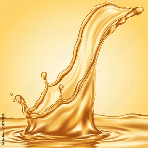 Dynamic golden liquid splash with crown effect and droplets rising from a rippled surface, illustrating viscous fluid like oil, honey, or syrup against a yellow background.