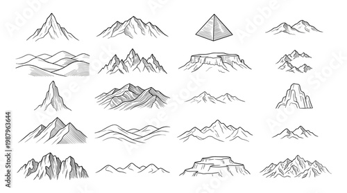 Set of Hand Drawn Mountain Peaks and Hills Line Art Vector Icons