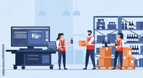 Warehouse logistics team in orange safety vests managing alcohol inventory with computer monitors, featuring wine bottles on metal shelves and cardboard boxes on wooden pallets.