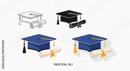 Graduation cap and diploma icon set in outline, silhouette and flat color styles.