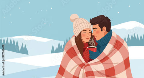 Vector illustration of a young couple wrapped in a red checkered blanket, holding a steaming mug of hot cocoa against a snowy winter mountain landscape with pine trees and soft snow.