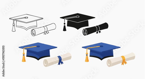 Graduation cap and diploma icon set in outline, silhouette and flat color styles.