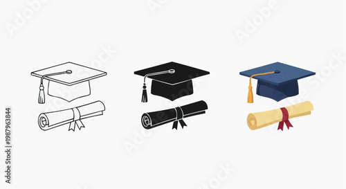 Graduation cap and diploma icon set in outline, silhouette and flat color styles.