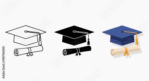 Graduation cap and diploma icon set in outline, silhouette and flat color styles.