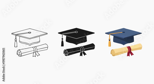 Graduation cap and diploma icon set in outline, silhouette and flat color styles.