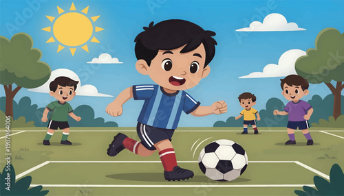 premium vector collection of cute children playing soccer  in a sunny outdoor park background