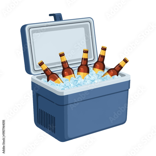 Vector illustration of an open blue portable ice cooler filled with clear ice cubes and five brown glass beer bottles, isolated on a white background for summer recreation.