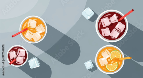 Overhead vector illustration of four chilled drinks in glasses with ice cubes and straws, featuring orange juice, dark soda, and lime garnishes on a grey flat surface.